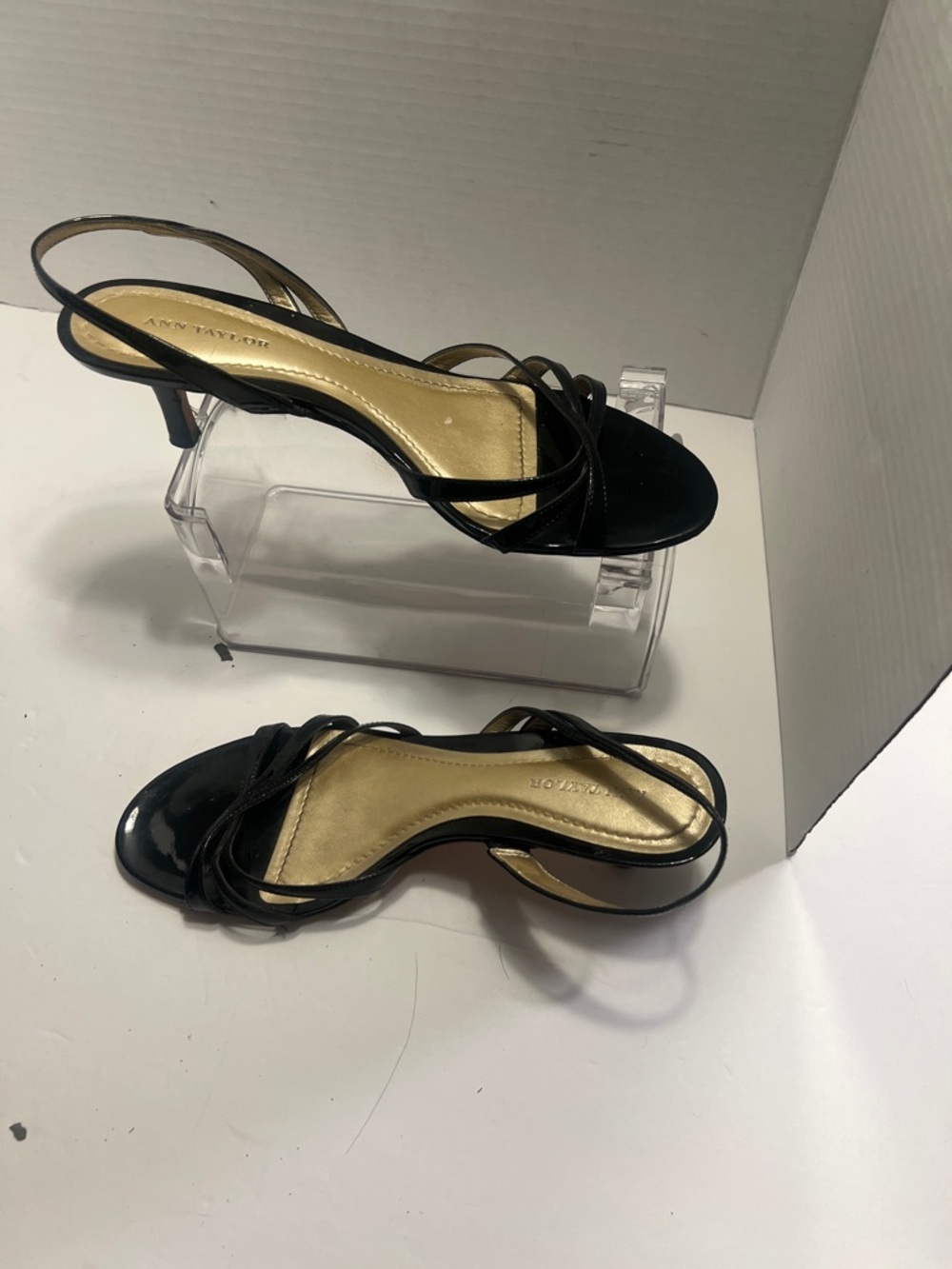 Ann Taylor Black Patent Strappy Slingback Heels